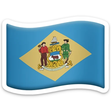 Add a waving flag effect to the Delaware flag with blue and buff diamond and coat of arms, in the style of emoji (apple style emojis). The flag should have no background. sticker