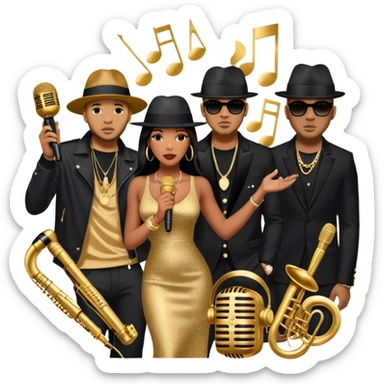 Icon for R&B Music: collage of R&B artists—Victoria Monét, Summer Walker, Usher, Chris Brown, and Muni Long. Each represented by a silhouette or symbolic item like a microphone, fedora, or music notes, reflecting the soul and energy of R&B. Transparent background. sticker