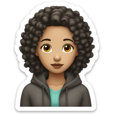 A light skin girl with black curly hair, sad sticker