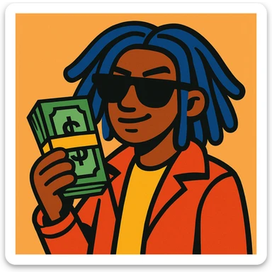 a cool character with blue dreadlocks and a stack of money, modern illustration sticker