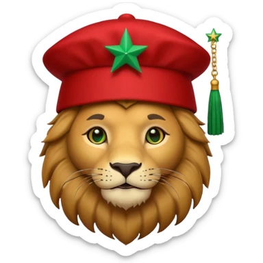 Cute lion emoji face wearing a red Moroccan fez with a green star on the front and a black tassel on the right side. Solid dark-blue background. sticker