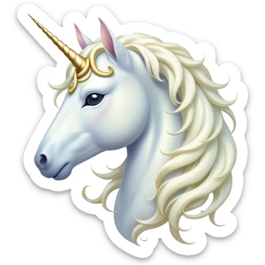 Beautiful and Majestic White Unicorn Portrait Emoji, Head and body exuding serene brilliance with a luminous, flowing mane and a gracefully spiraled horn, eyes gently closed in peaceful reverie, Simplified yet exquisitely enchanting features, highly detailed, glowing with a soft, celestial light, high shine, serene and utterly majestic, stylized with an air of timeless fantasy, soft glowing outline, capturing the essence of a beautiful and majestic white unicorn that embodies the pure magic of legend! sticker