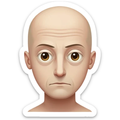 Steven Miller, bald, grim expression, narrow rectangular head, bottom lip sticking out, eyelids lower on the outside sticker