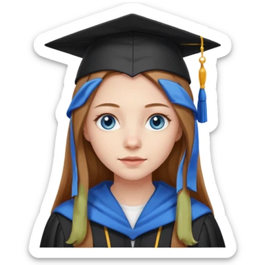 light brown haired girl with long hair, blue eyes, pale skin, wearing graduation regalia with white hood sticker