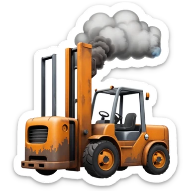 ugly, broken forklift with clouds of smoke around sticker
