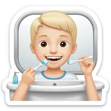 child brushing teeth in front of a bathroom mirror, cheerful expression sticker