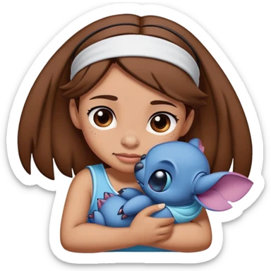 stitch hugging a girl with brown hair and a headband on  sticker