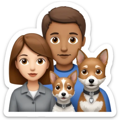 Quiero una pareja la mujer con el pelo castaño y el hombre con el color apenas moro hito con un perro Fox terrier blanco con gris  sticker