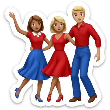 Two people. Man  wearing all red  with brown hair. Women iall blue with blond hair. Swing Dancing.  sticker