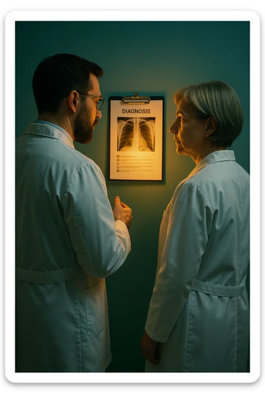 Realistic, detailed photo taken from behind of two doctors—a bearded man and a middle-aged woman—standing and facing each other as they discuss a diagnosis in front of a medical chart. The scene is illuminated by a yellowish, orange, warm light that softly envelops the doctors. The entire room is bathed in a single green-blue color, creating a cohesive and modern atmosphere. Both doctors wear white coats, and their body language suggests a serious, professional conversation. Shot with a Canon EOS R5, with high detail and natural depth of field. sticker