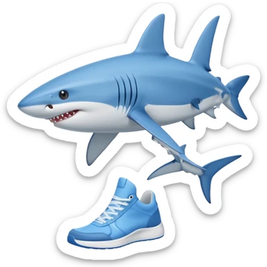 a blue shark walking on two legs, wearing blue high-top sneakers sticker