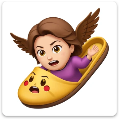 a slipper flying through the air, angry mom in background, emoji style sticker