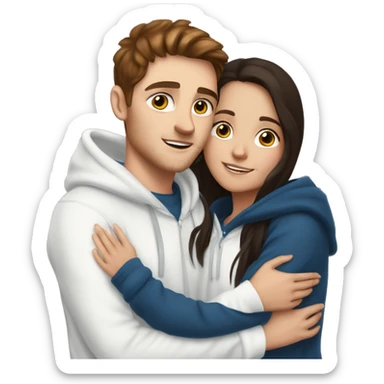 A light brunette girl with brunette eyes who is approximately 5,2 with a black hoodie and pijamas hugging a blue eyed light brunette boy with freckles wearing pijamas and a white hoodie sticker