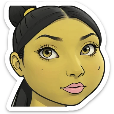 yellow circle for a face, black ponytail on the right side, two half circles on the top, eye on the left side, one side of lips on the left side, black circle as cheeks, a nose on the left side sticker