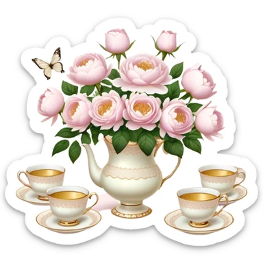 An enchanting garden tea party setting with a vintage lace tablecloth, golden-rimmed porcelain teacups, a centerpiece of light pink roses and white peonies in a pearl-trimmed vase, with delicate pearl butterflies flitting through the soft sunlight.
 sticker