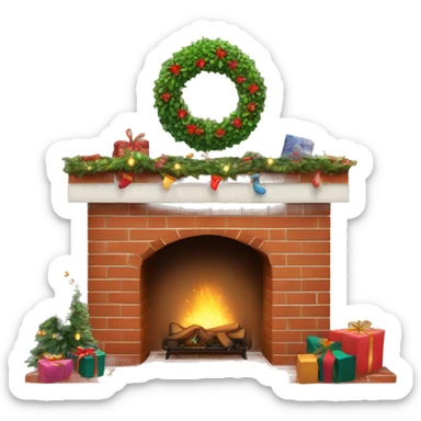 Brick Fireplace with wreath and Christmas lights and stockings sticker