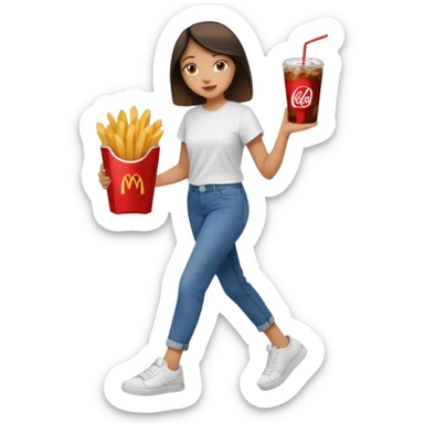 a young woman full length with cola in one hand and french fries in the other hand and a painting under her arm walking left sticker