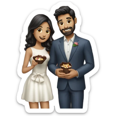 par de novios comiendo chocolates. el chico tiene barba and the girl black hair y cabello liso sticker