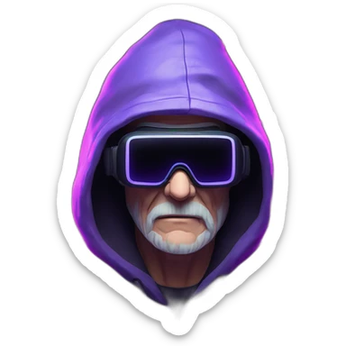 Russian old man wearing a black hoodie with "OMG" letters on it and VR headset in a cyberpunk VR environment with violet neon lighting. sticker