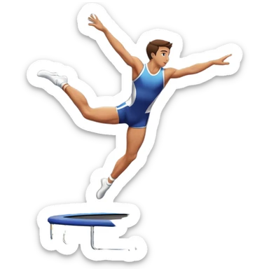 An athletic person soaring high above a trampoline, executing an acrobatic flip with perfect form. The scene captures motion and energy, with a dynamic pose, stretched limbs, and a focused expression. The background suggests a professional trampoline arena with safety padding. sticker