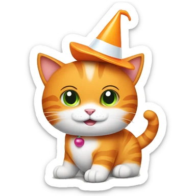 A orange cat with a white belly and with a partyhat sticker