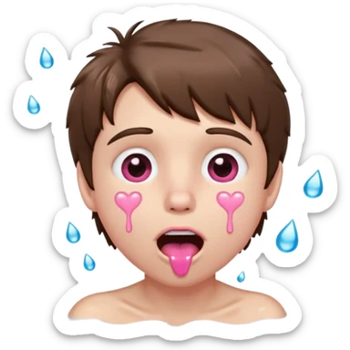 Pale Boy with shaggy brown hair, pink heart shaped eyes looking up , mouth open , water drop dripping from lips, hands grabbing at face  sticker