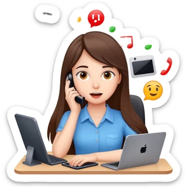 busy girl with a lot of phone calls and work, computer sticker