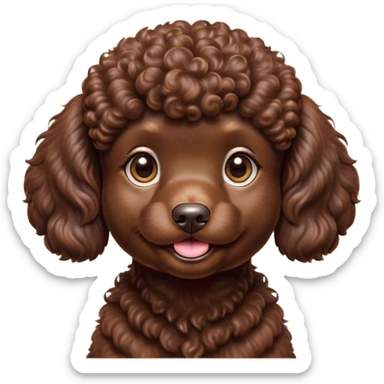 Cinematic Cute Chocolate Poodle Portrait Emoji, Head tilted playfully and inquisitively, showcasing a bouncy, curly chocolate Fur with a healthy sheen, round, sparkling brown eyes filled with curiosity, Simplified yet irresistibly adorable features, highly detailed, glowing with a warm, friendly glow, high shine, affectionate and lively, stylized with a touch of whimsy, bright and endearing, soft glowing outline, capturing the essence of a mischievous yet loving companion, so playful it feels like it could bounce out of the screen and into your arms! sticker