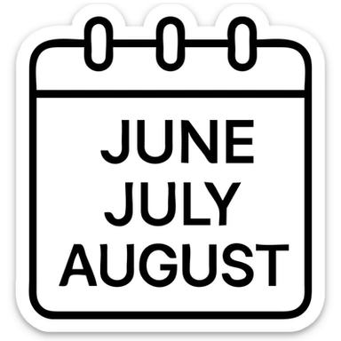 icon of a calendar with three months, month names June, July, August, outlined style, modern and easy to read sticker