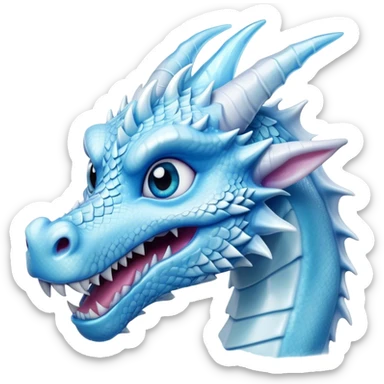 Cinematic Comical Beautiful Ice Dragon Portrait Emoji, Head tilted dramatically with an exaggeratedly amused expression, featuring a striking, glossy icy body with bold, crystalline textures and wide, expressive eyes that shimmer with playful frost, rendered with vibrant, lifelike detail and dynamic, natural shadows, high shine, dramatic yet whimsical, styled with an air of cheeky arctic mischief, soft glowing outline, capturing the essence of a spirited and over‐the‐top ice marvel that looks ready to burst into a flurry of frosty fun! sticker