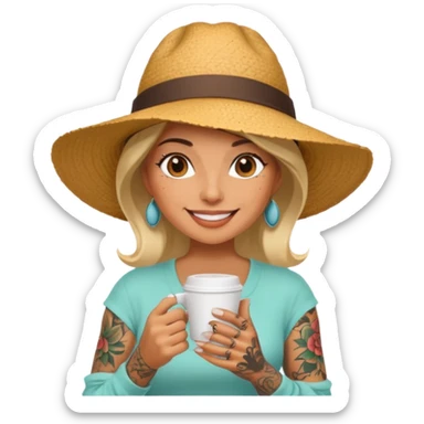 Tattooed lady in sunhat holding coffee cup sticker