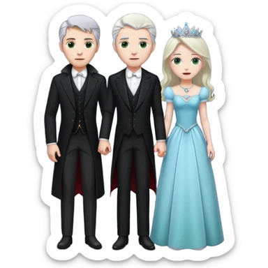A tall vampire man with gray hair and blue eyes standing by a princess with light brown hair and green eyes sticker