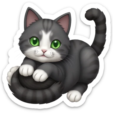 solid dark grey cat with green eyes, white toes/paws and white patch on her chest playfully rolling upside down sticker