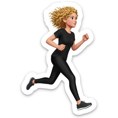 blond curly hair running woman in black long leggins and black t-shirt sticker