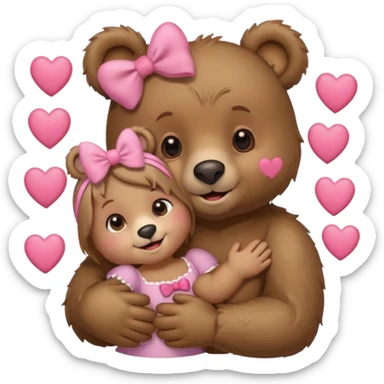 girl bear with bow on her head and boy bear hugging, couple, surrounded by hearts, playful and loving, cute sticker