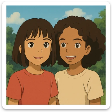Una chica morenita con cabello lacio y fleco y otra chica a su lado morenita con el cabello chino sticker