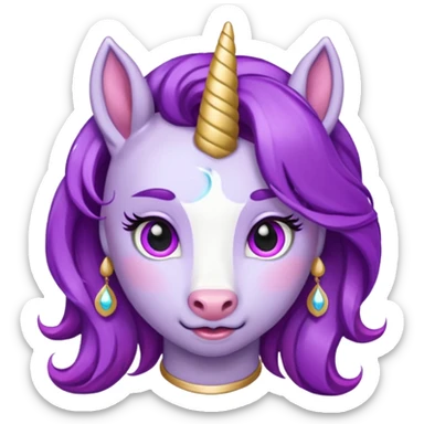 unicorn face cute and purple haired and earrings sticker