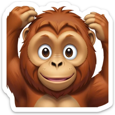 Cinematic Cute Orangutan Portrait Emoji, Head tilted playfully and inquisitively, with a gentle, expressive face accented by soft, flowing fur and round, sparkling eyes brimming with warmth, Simplified yet irresistibly adorable features, highly detailed, glowing with a warm, friendly glow, high shine, affectionate and lively, stylized with a touch of jungle whimsy, bright and endearing, soft glowing outline, capturing the essence of a mischievous yet loving orangutan that seems as if it could swing out of the screen into your arms! sticker