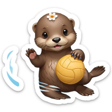 super cute baby otter with a tiny colorful flower on its head, floating on VERY CLEARLY VISIBLE blue water with prominent waves and ripples all around, baby otter with gentle expression holding a volleyball with both small paws above the obvious water sticker