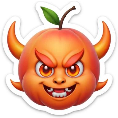 A peach with devil horns and a devil face sticker