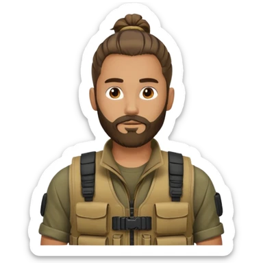 bearded man with man bun, tactical vest, no glasses sticker