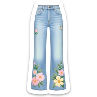 light wash denim wide leg jeans with pastel flowers painted on them sticker