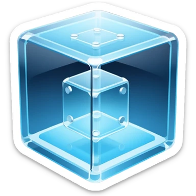 Isometric 3D transparent glass cube with rounded edges, corner bolts, and three floating server layers inside. Holographic panel on top. Cool blue tones on dark navy background.
 sticker