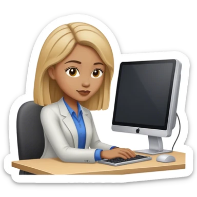Darkblond woman working on computer sticker