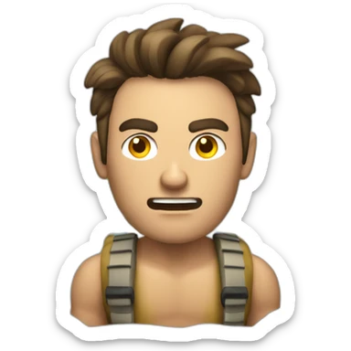 Angry tan brunette guy with buzzed hair rafting on a river sticker