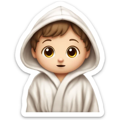 very sad portait of brown haired adorable baby rabbit in big bathrobe and big cute eyes sticker