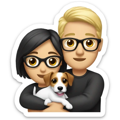 A couple cuddling a jack Russell, the men is white and have black hair and glasses and the woman is blonde but without glasses  sticker