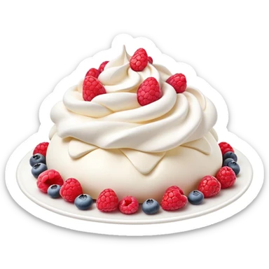 Cinematic Realistic Pavlova Dessert Emoji, showcasing a delicate meringue dessert topped with fresh fruit rendered with lifelike texture and soft natural lighting. sticker