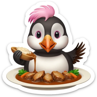 pink-colored puffin eating roast dinner sticker