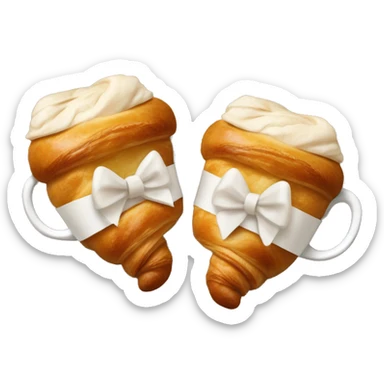 two croissants tied with a white bow, which lie on a cup of coffee from Starbucks sticker